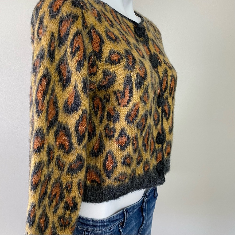 Anthro Button Front Cheetah Print Sweater with Metallic Shimmer Crop Cardigan M - Picture 3 of 12